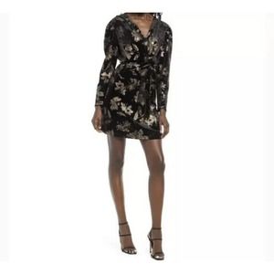Nordstrom Fraiche By J Women’s Black Floral Velvet L/S Mini Dress Medium O24